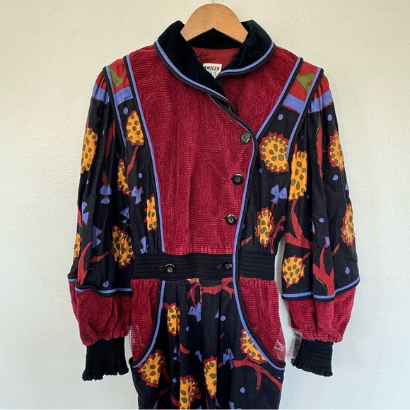 Jeanne Marc Vintage 80’s Luxury Colorful Floral Corduroy Long Sleeve Jumpsuit S - Picture 3 of 15